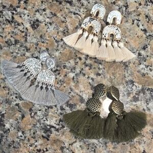 Tassel Fan Statement Earrings Trio - Olive, Gray & Cream